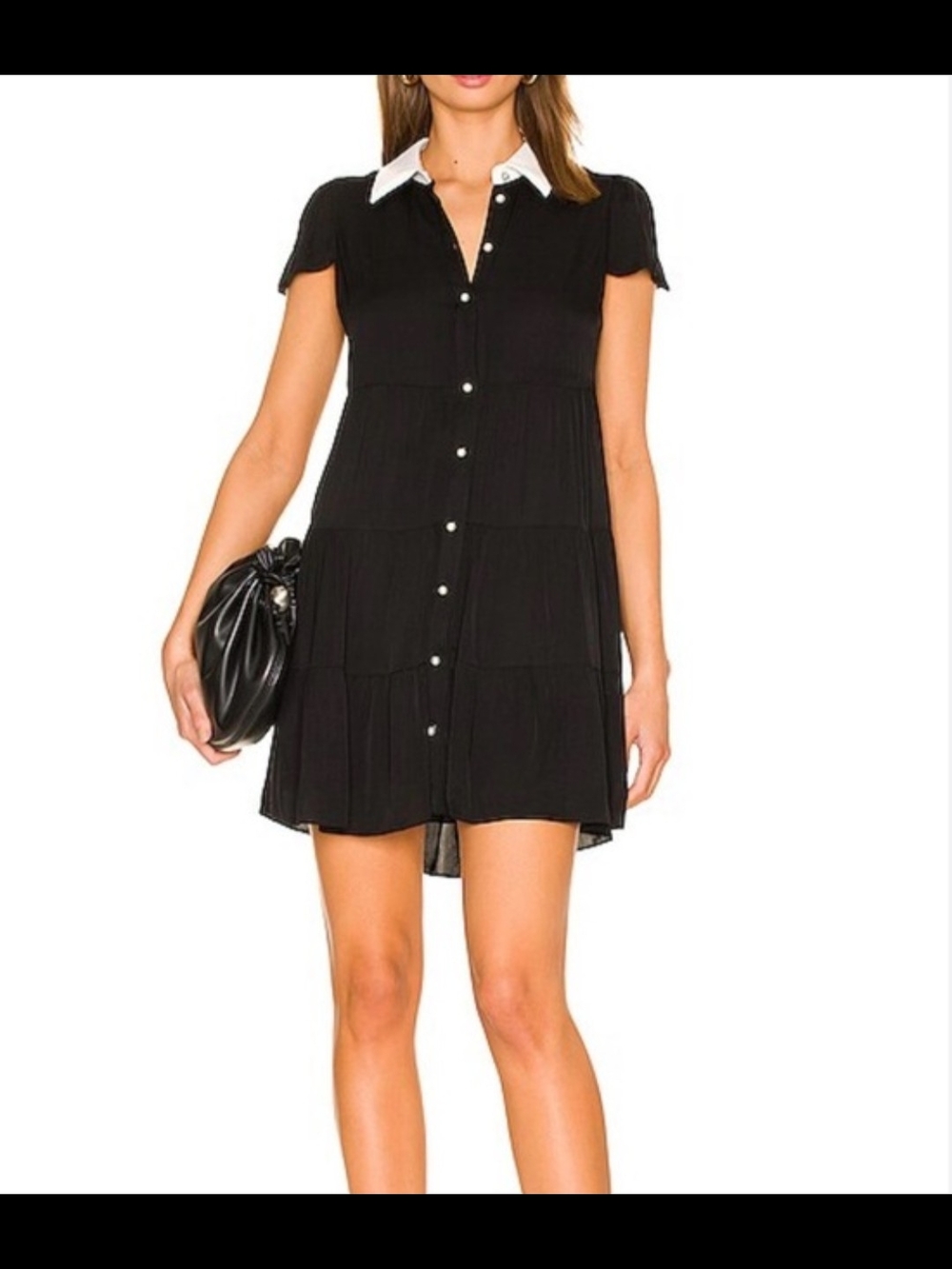 Alice + Olivia Meeko Black Tiered Mini Shirt Dress White Vegan Leather